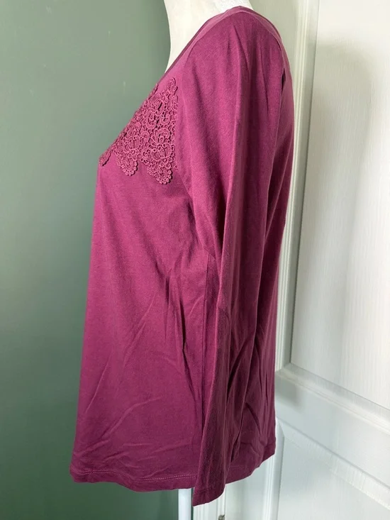 LOFT Outlet Lace Yoke Top Mauve Quarter Sleeve Cotton Tee Size M - Picture 4 of 7